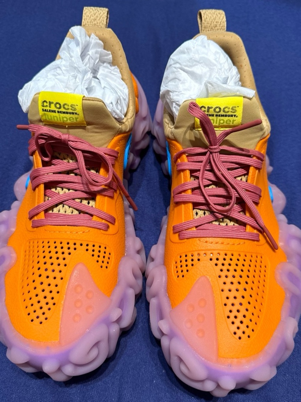 CROCS Juniper Orange Sneakers with Pink Soles and Maroon Laces